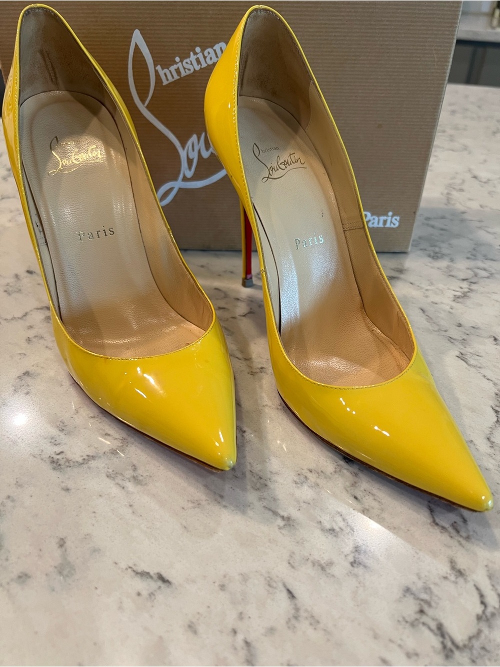 Christian Louboutin Yellow Patent Decollete 100 Pointed-Toe Pumps
